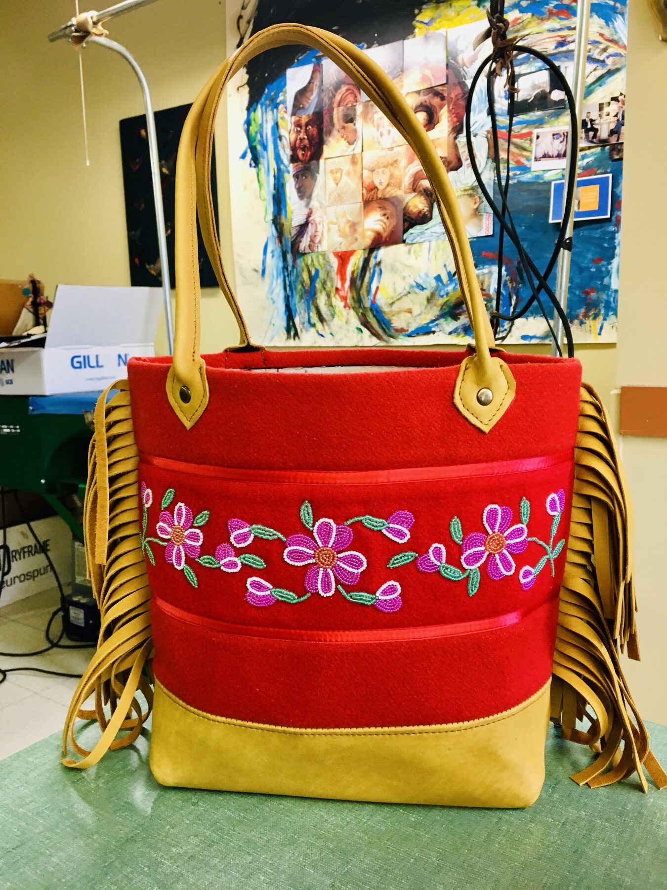 Red and gold beaded rose tote.