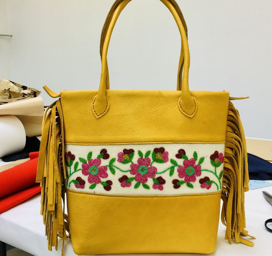 Mustard leather tote with beaded roses