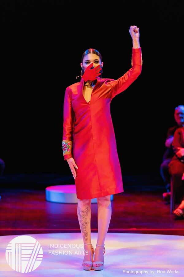 Red silk runway look